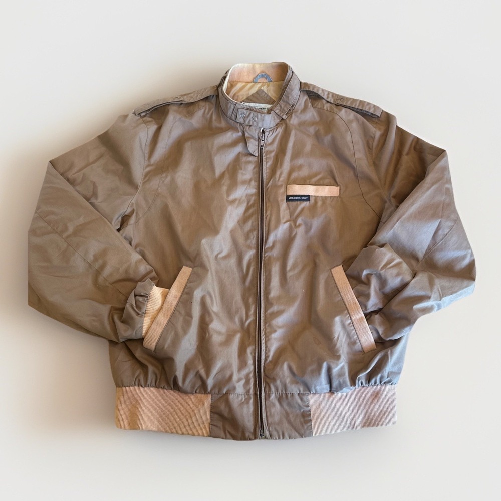 Members Only Jacket Mens XL 1980s Tan Racer Bomber Full Zip 1983 Rainbow Tag
